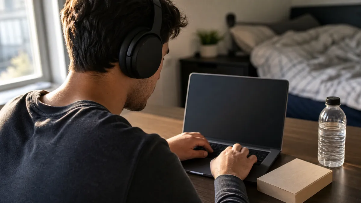 Young man taking an online English language test at home with headphones and a laptop for his Canada study permit file