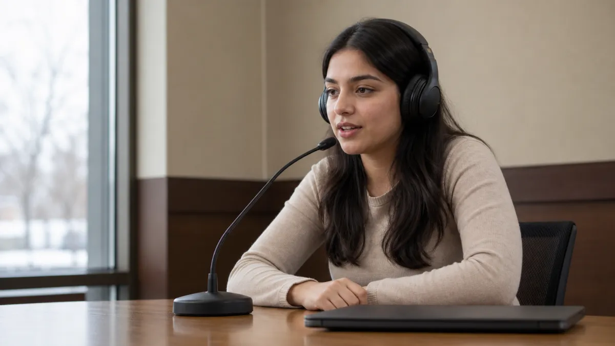 French speaking exam underway at a Canadian test center, candidate at a desk with headphones during the oral module