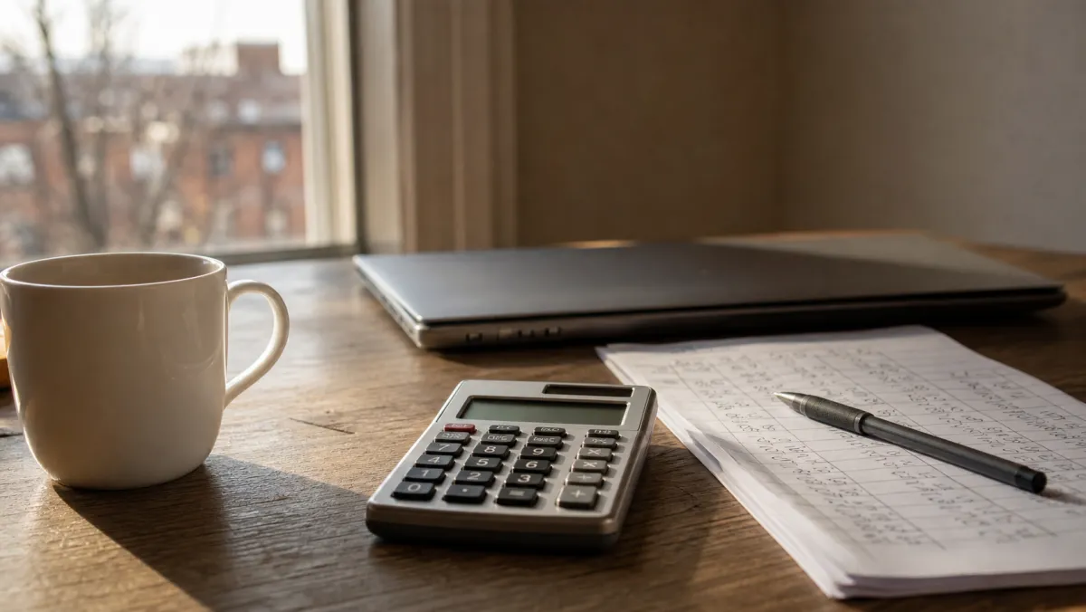 Calculator, handwritten ledger, closed laptop and a coffee mug on a wooden table by a window, the workspace of rebuilding a study permit reapplication after a refusal