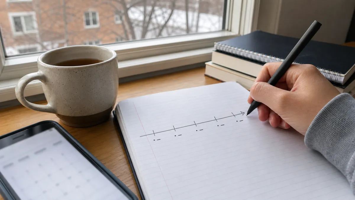 Hand drawing a backwards timeline with tick marks in a notebook next to a smartphone calendar to calculate study permit processing time