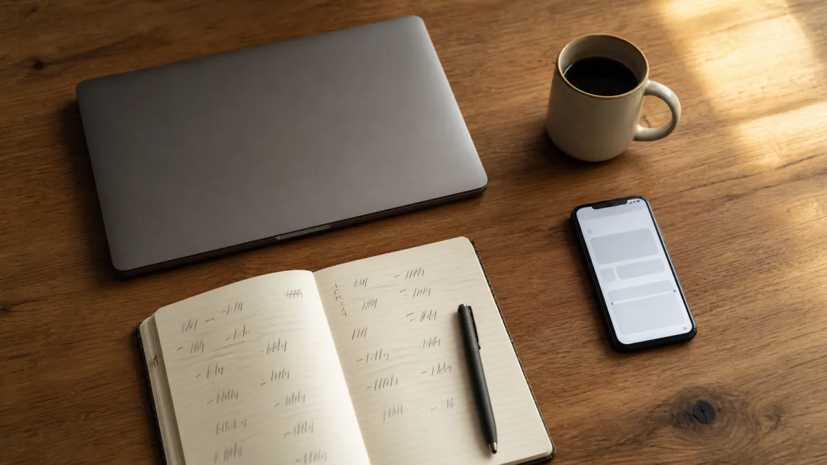 Hours-log notebook with tally marks next to a laptop, phone, and pen on a wooden desk