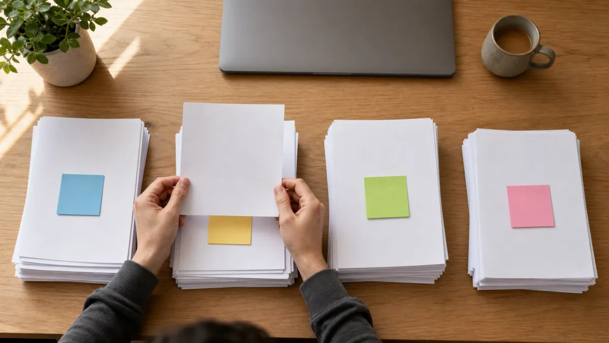 Four labeled paper stacks representing the four study permit refusal types in a decision framework