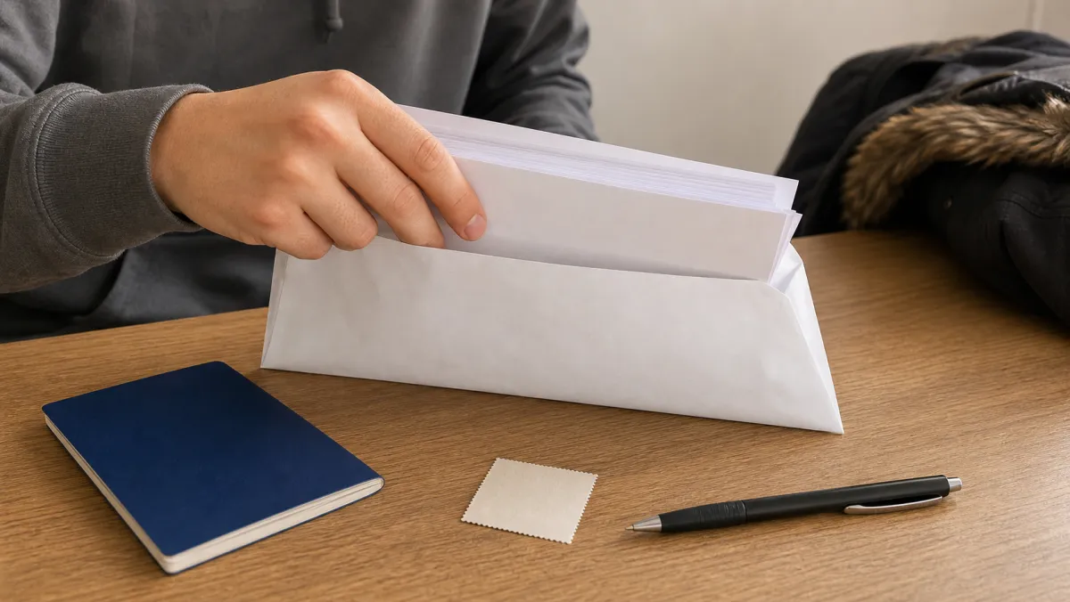 A young applicant slides their PGWP document stack into an envelope beside a blue passport-style booklet — the IMM 0127 letter mechanism that replaces flagpoling