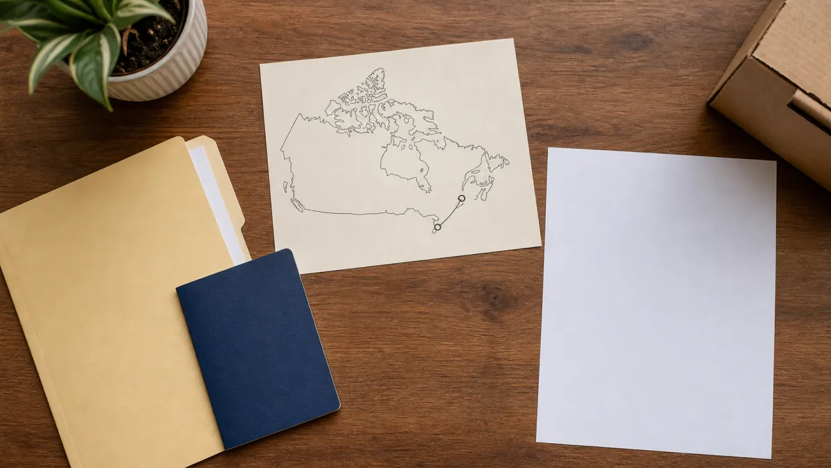 Study permit, CAQ, and IELTS documents arranged on a desk with a Canada map showing the Quebec-to-Ontario transfer route.