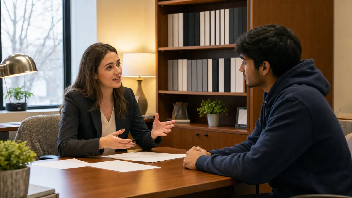 International student meeting with an academic advisor in a Canadian university office to discuss course load