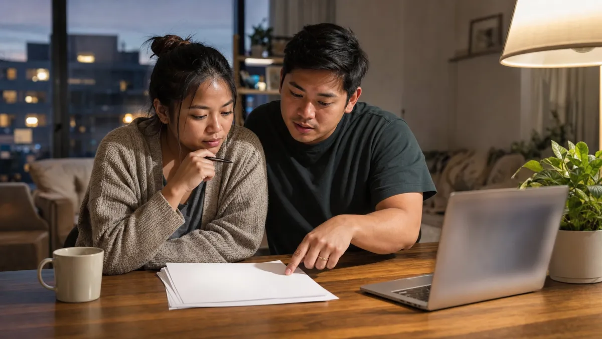 Filipino couple at home reviewing Canadian immigration application paperwork