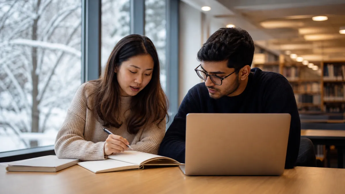 Two international students study together at a Canadian college library in winter, planning the downstream PGWP-eligible program before the ESL permit expires.