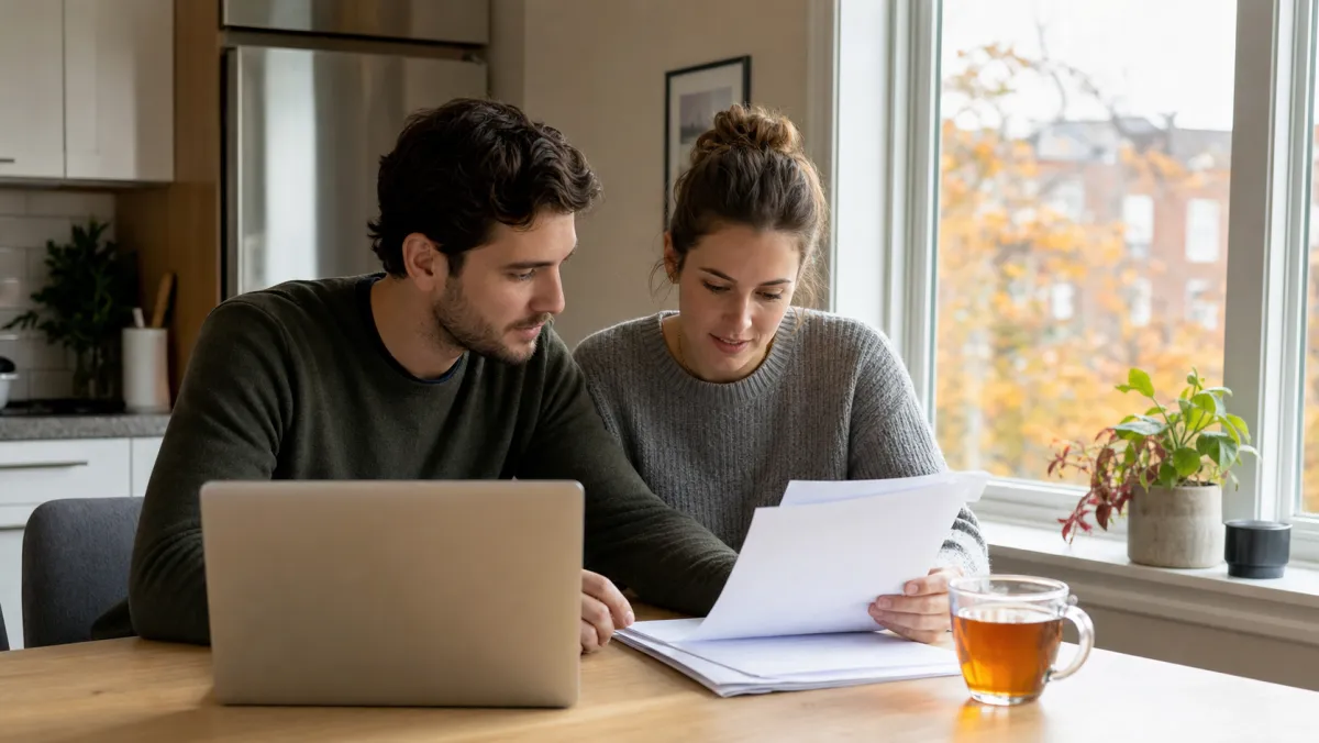 Couple reviewing CEC and FSWP Express Entry paperwork at home to plan the work-permit to PR transition
