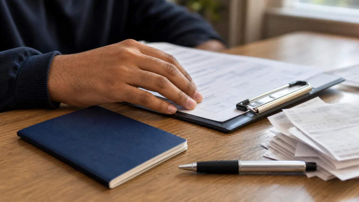 Scotiabank Student GIC refund application form with passport and TT receipt on desk