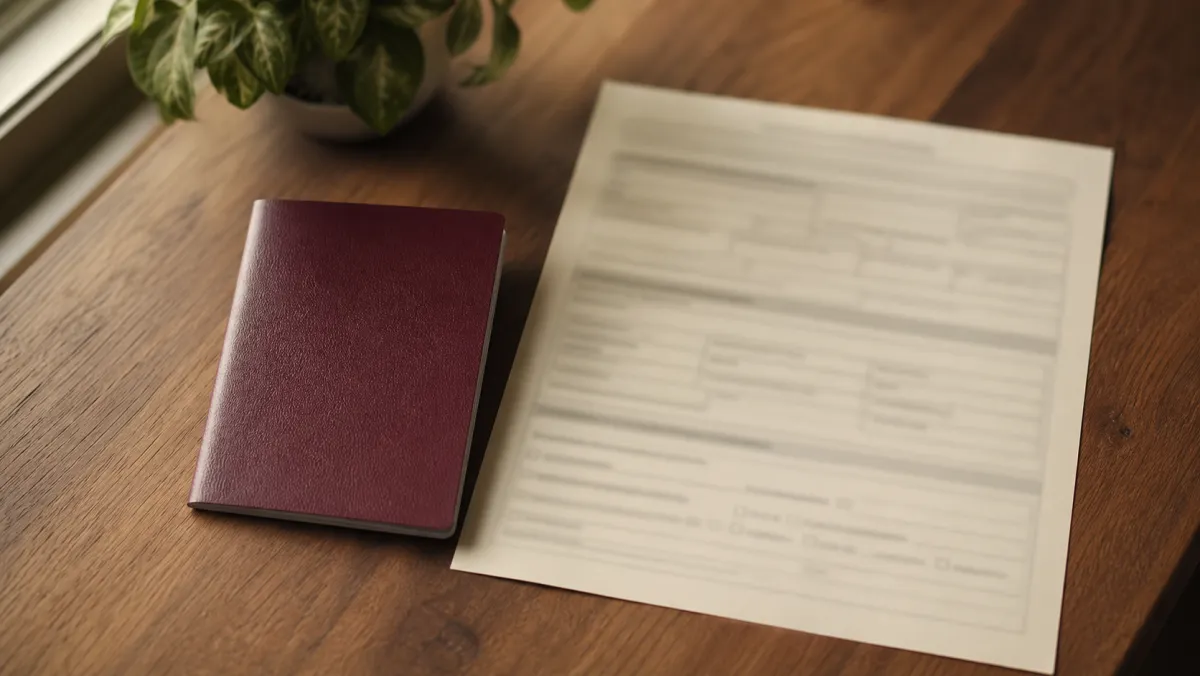 Generic burgundy passport beside a blurred multi-section immigration form on a wood desk, representing the study permit application sitting at the visa office