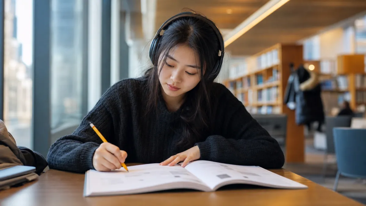 International student wearing headphones practicing IELTS listening for the PGWP CLB language requirement in a Canadian college library