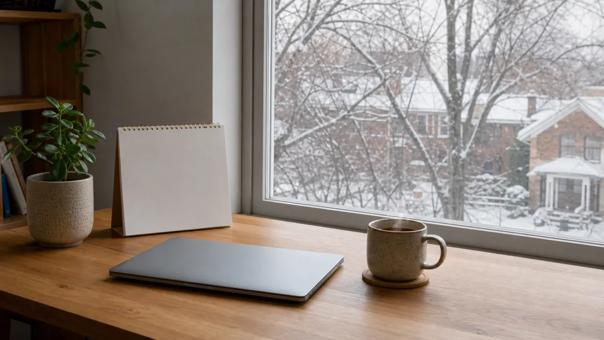 A calm winter desk by a window, representing the frozen 2026 PGWP eligible CIP code list