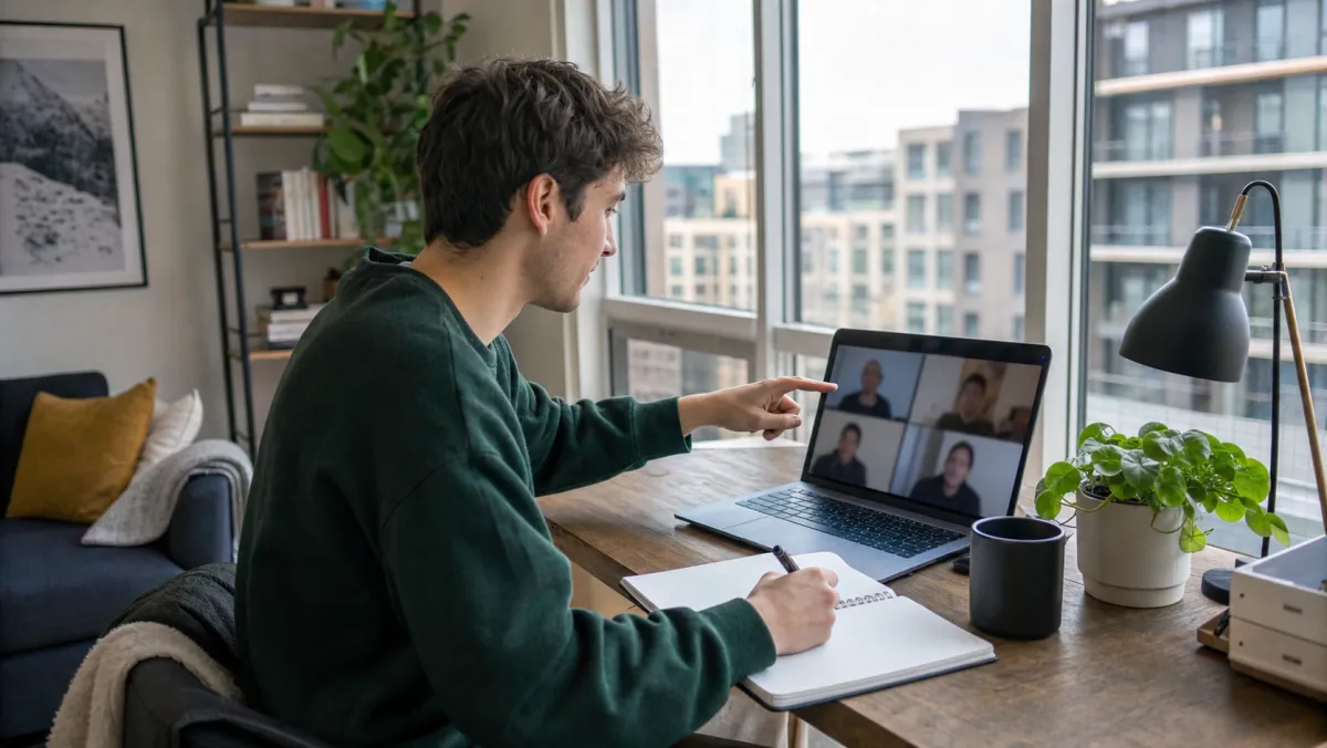 Student verifying a rental on a live video walkthrough call and taking notes before sending any deposit