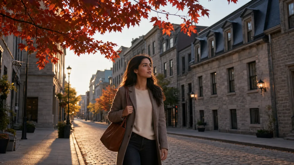 Autumn afternoon on a heritage cobblestone street in Old Montreal with red maple leaves overhead, the Quebec setting where the federal study permit and provincial CAQ system intersect for Francophone African students
