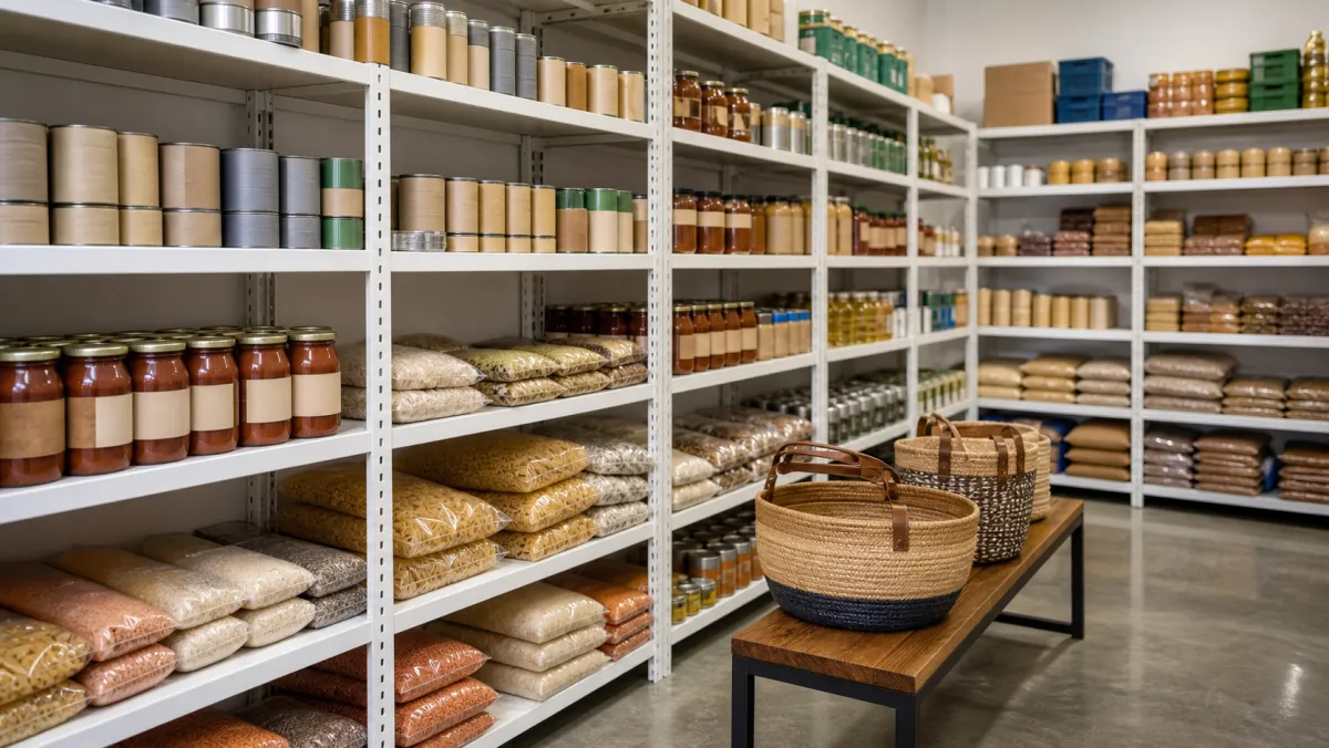 Organized campus food bank shelves stocked for international students on a Canadian university campus