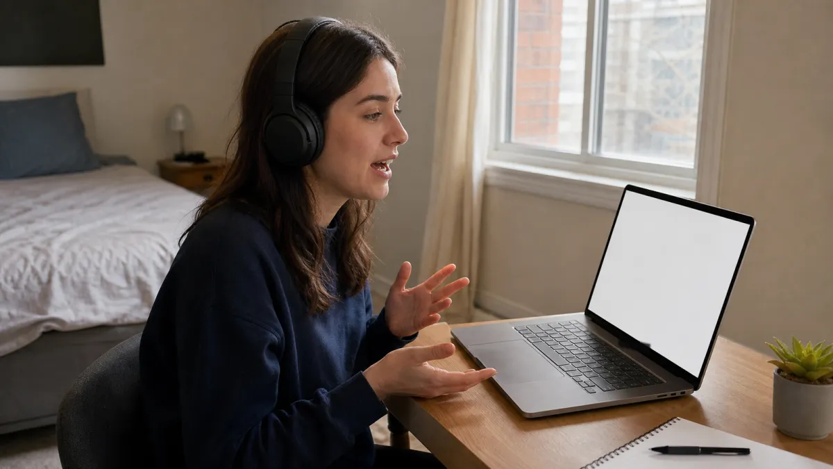 Young adult practicing IELTS speaking with headphones and a laptop after a low band in one skill