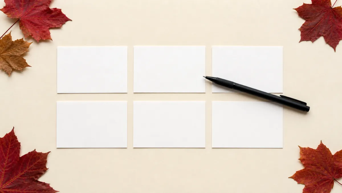 Blank white index cards arranged in a grid with a pen and autumn maple leaves, representing the IRCC-accepted language tests for Canada