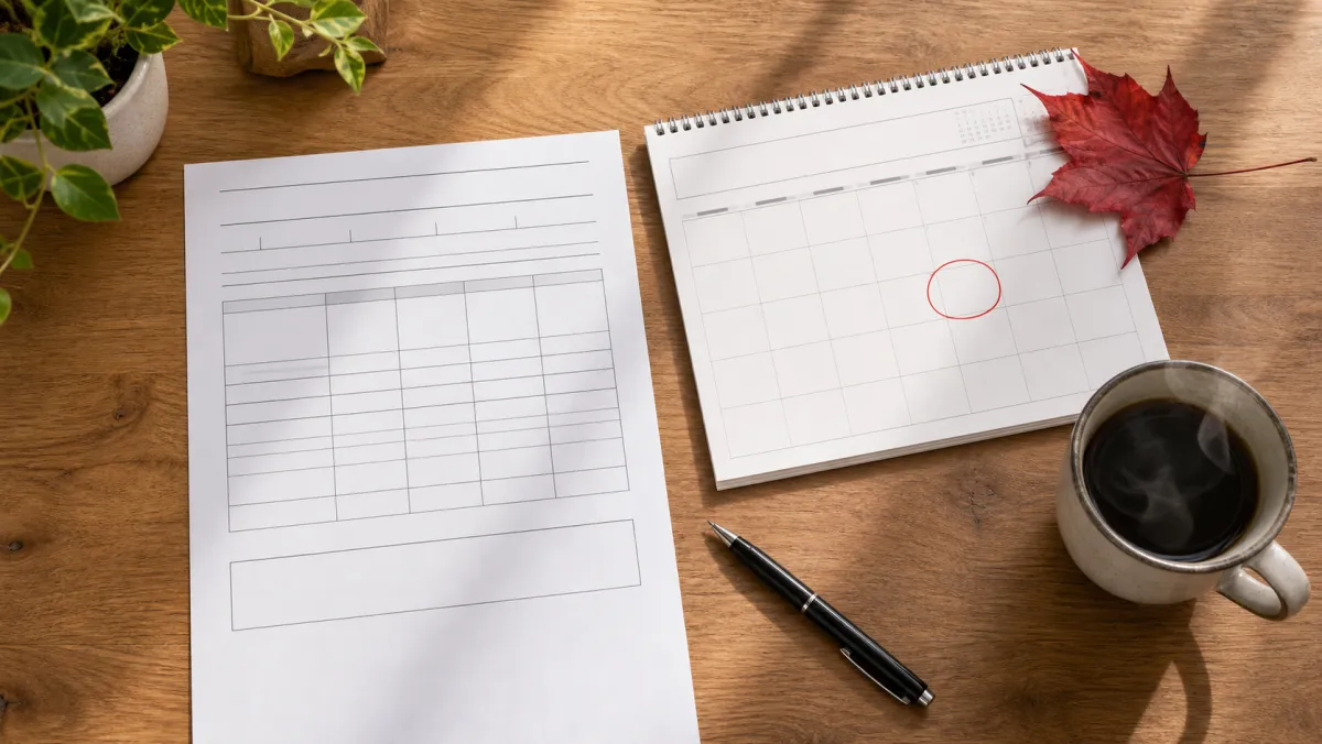 Overhead view of engineering credential application paperwork, planning calendar, pen, and coffee on a wooden desk with maple leaf, illustrating Canadian P.Eng licensing prep