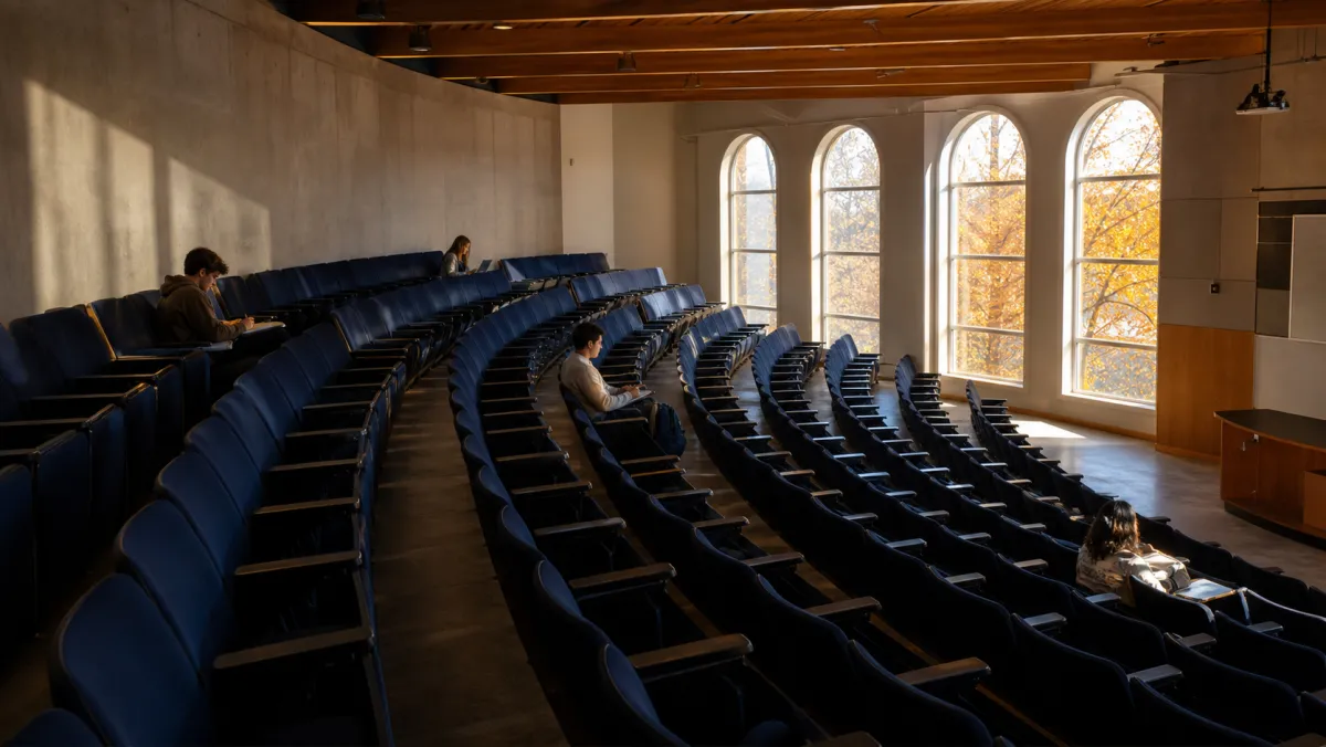 Wide view of a near-empty Canadian university lecture hall with autumn maple trees through tall arched windows, illustrating IEEQB bridging program coursework setting