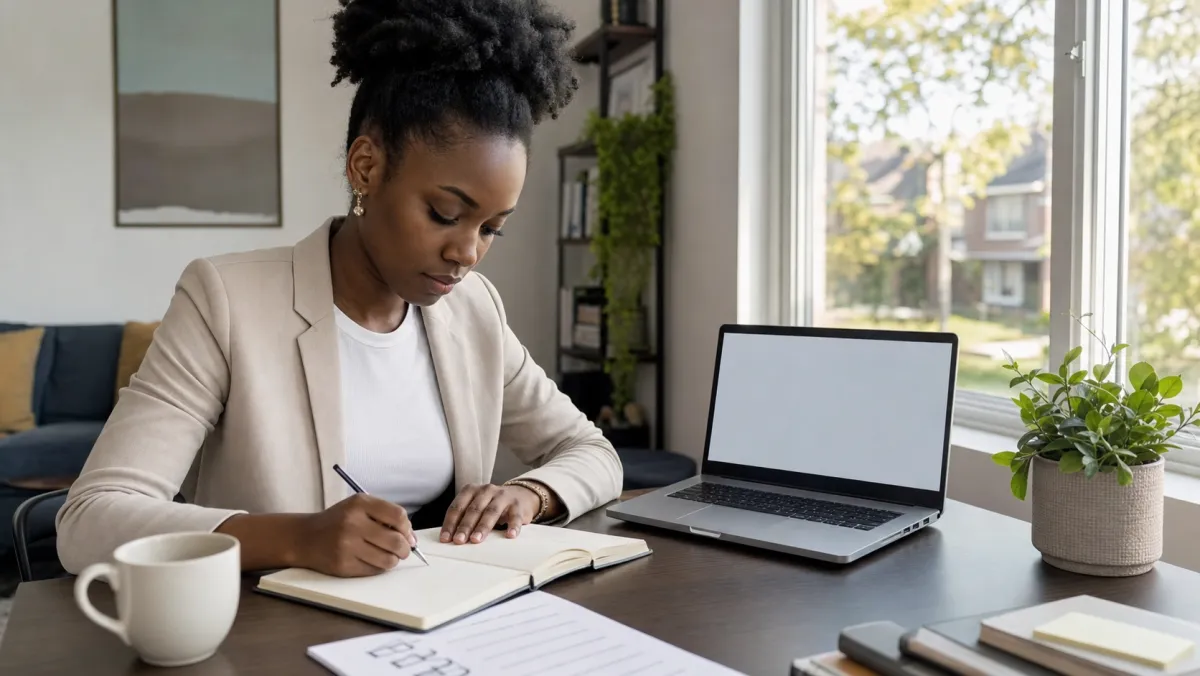 Young Nigerian professional engineer at a home office desk in Lagos writing in a planner with a checklist, laptop, and coffee, preparing pre-landing P.Eng application tasks