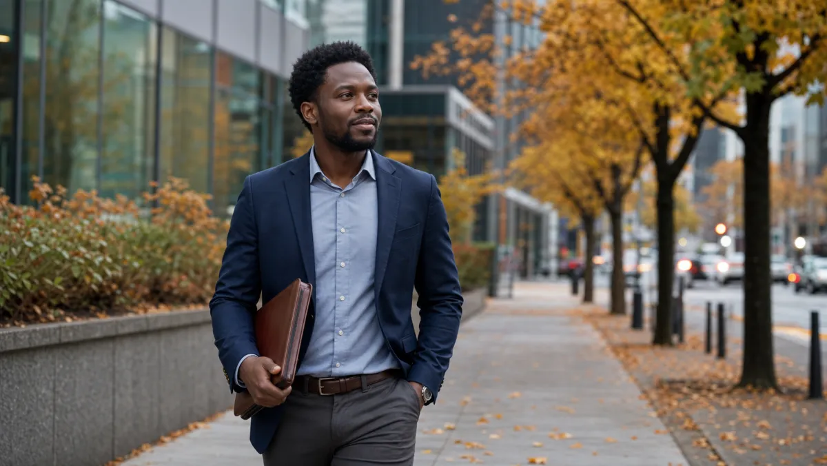Nigerian-Canadian engineer in business casual walking a downtown Canadian street lined with autumn maples and glass office towers, illustrating engineering career and PR pathway