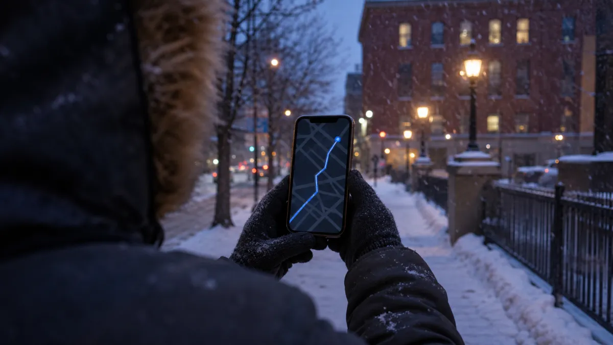 Person checking a phone map on a snowy Canadian street, illustrating the travel and decision-point edge cases that derail PGWP-pending workers