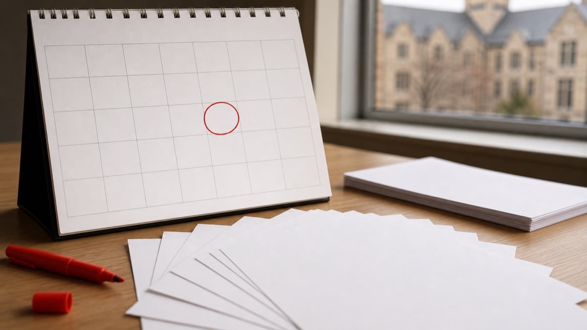 Calendar with one date circled in red beside a fan of blank documents, evoking the PGWP CIP list freeze announcement
