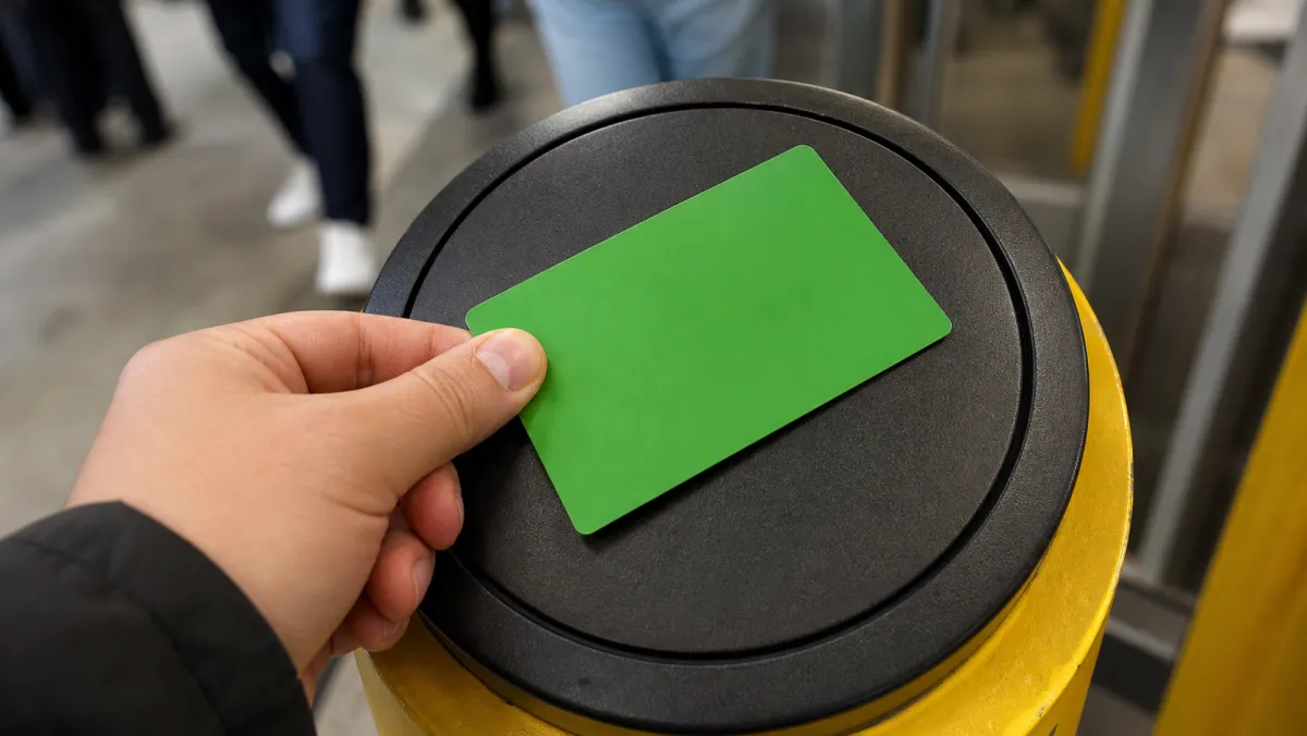 Close-up of a hand tapping a blank green transit fare card on a black circular reader atop a yellow turnstile post inside a Canadian transit station.