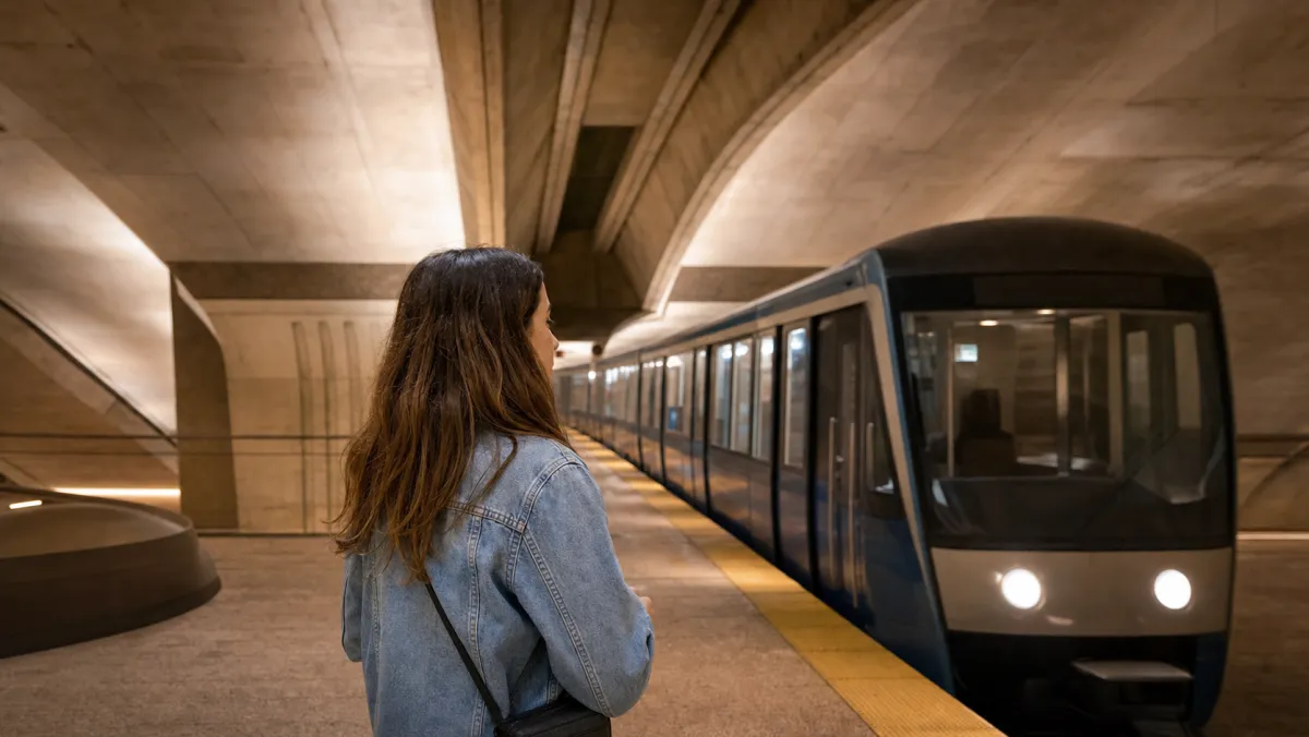 Young adult student in a denim jacket on a Montreal metro platform as a blue and white rubber-tired metro train arrives, ready to tap an OPUS card.
