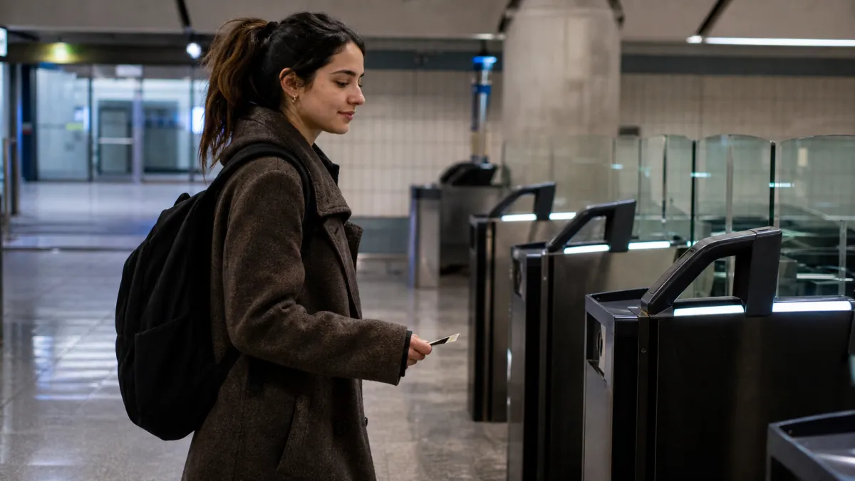 Young adult international student with a backpack walking toward a row of glass fare gates inside a Toronto-style subway station, holding a transit card.