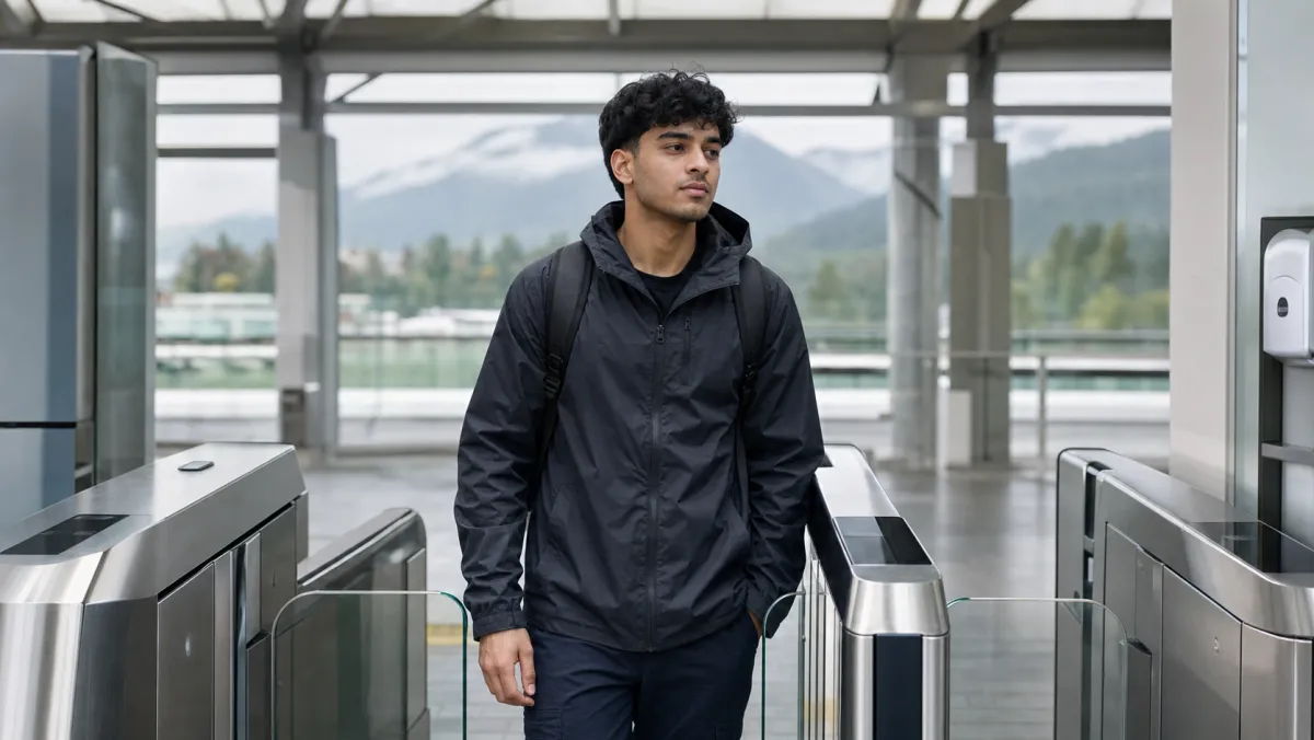 International student with a backpack walking through a brushed metal SkyTrain fare gate in Vancouver with coastal mountains visible in the background.
