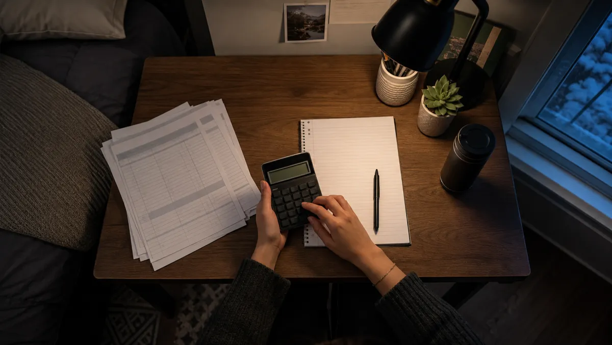 Student calculating GIC interest and fees with a calculator and bank statements at night