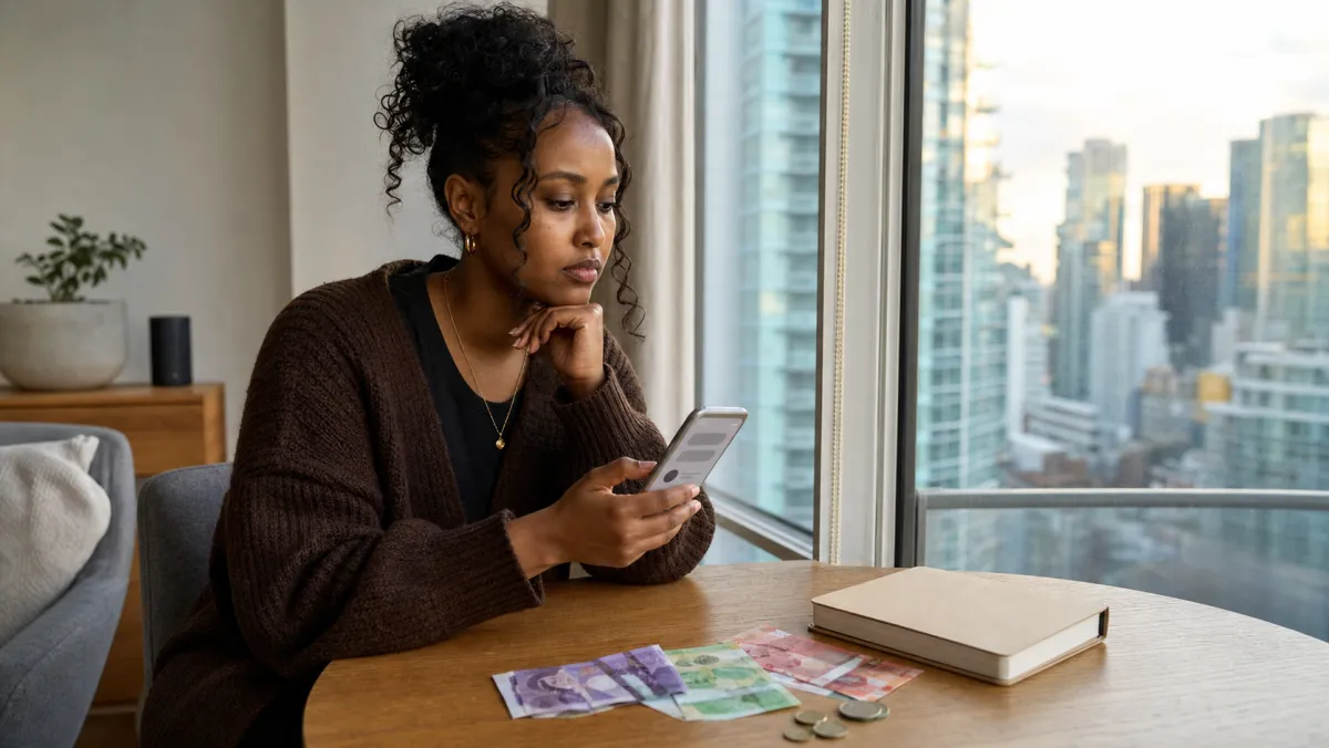 Student comparing IELTS test fees in Canada on her phone with Canadian banknotes on the desk