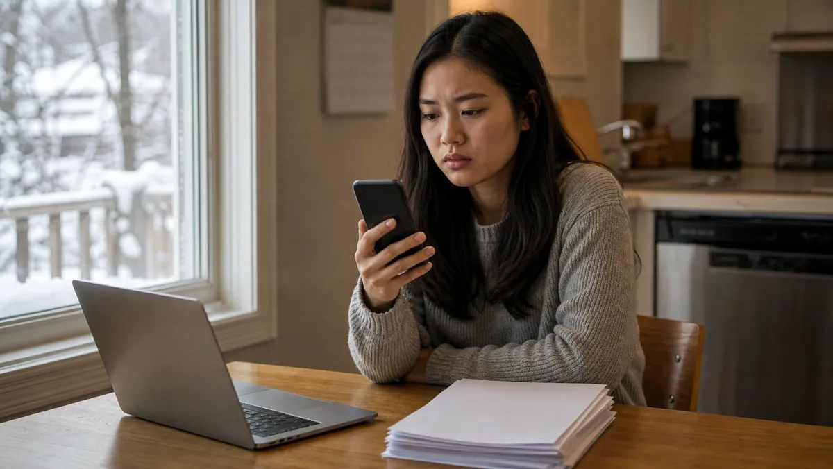International student waiting on a GIC wire transfer update, checking her phone beside application papers