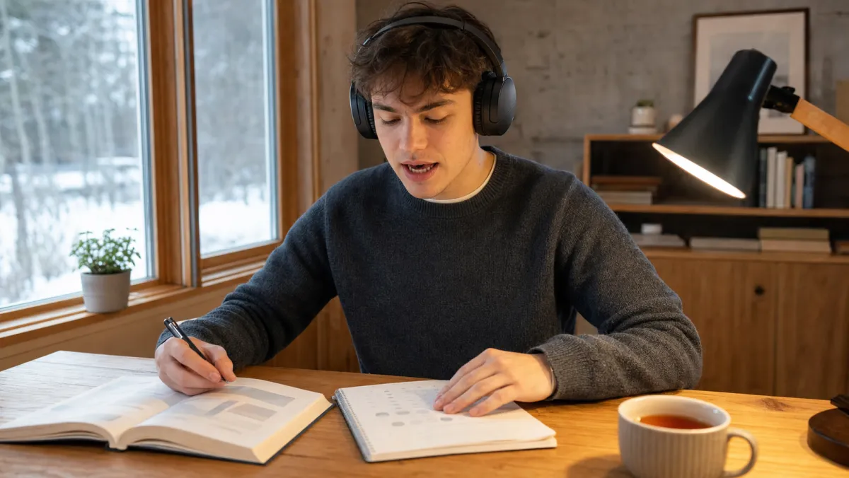 International student practicing French speaking and listening to reach the PSTQ level 7 bar
