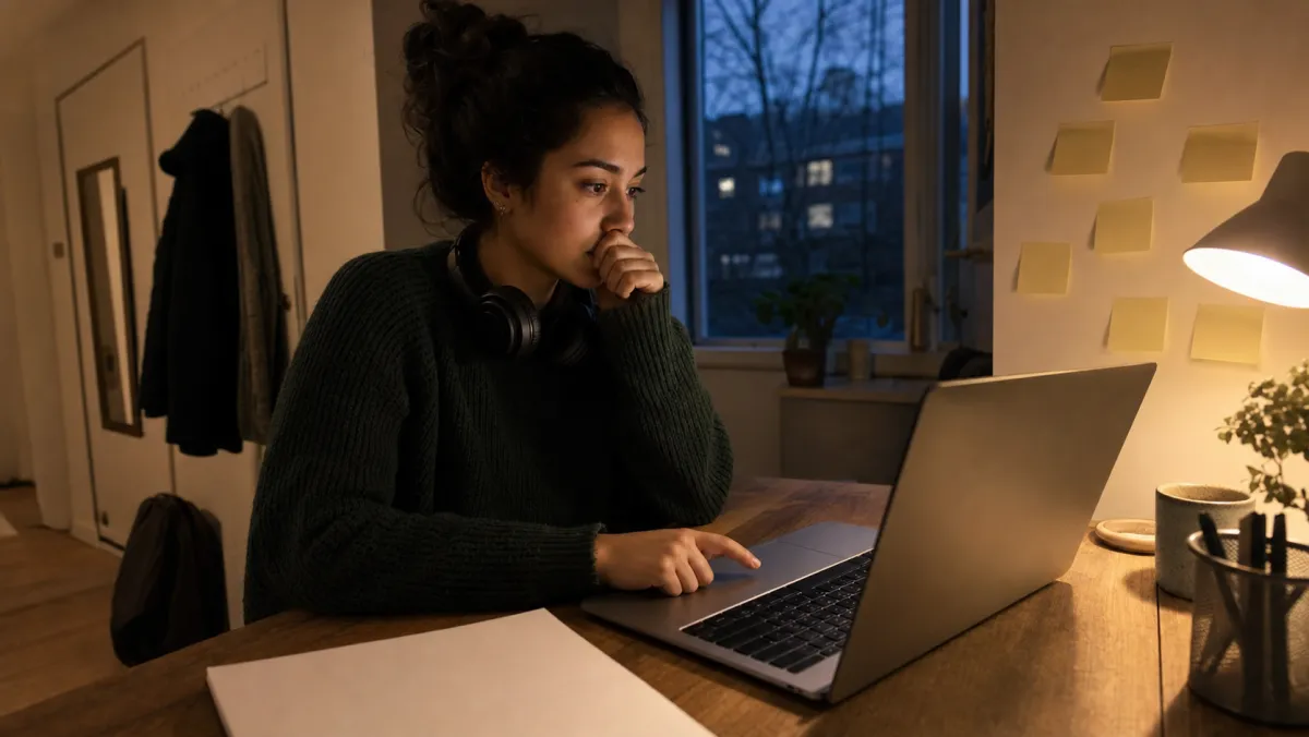 Test taker hesitating over an online IELTS booking payment while weighing refund and retake fee rules