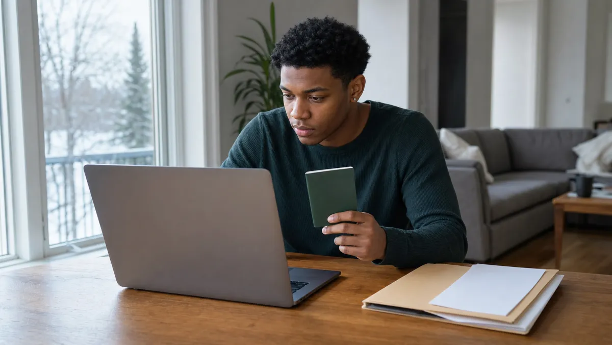Student holding his passport while checking GIC bank country eligibility on a laptop