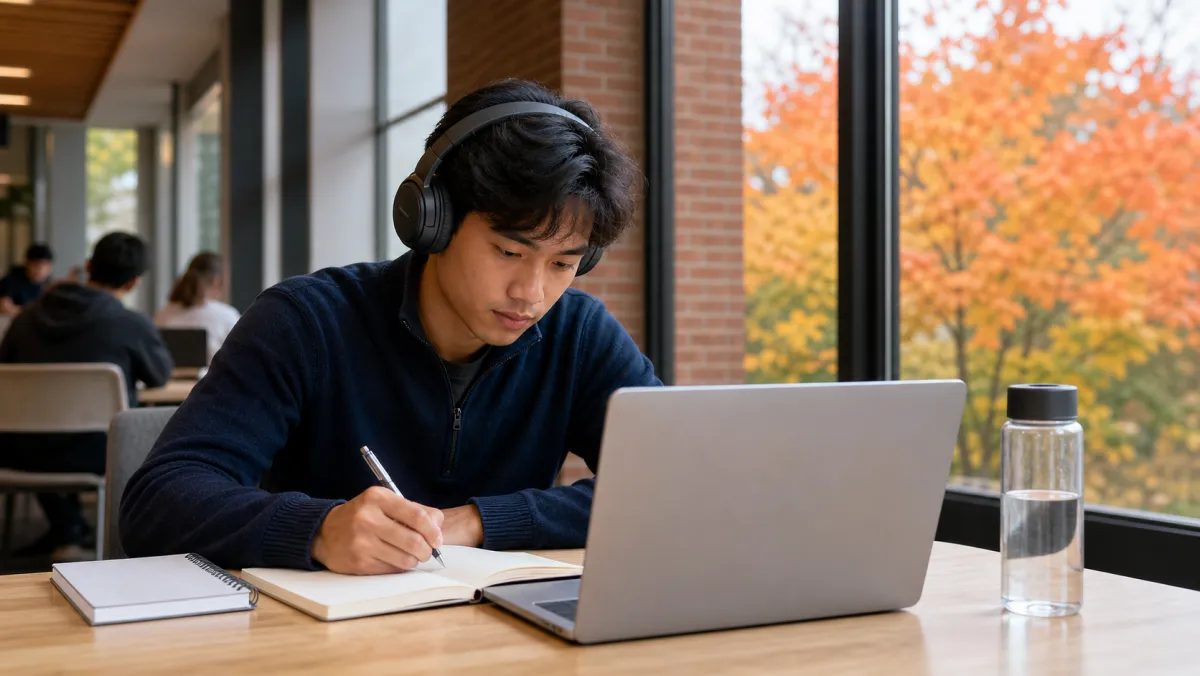 Student using free official IELTS practice resources with headphones and notes in a campus study space